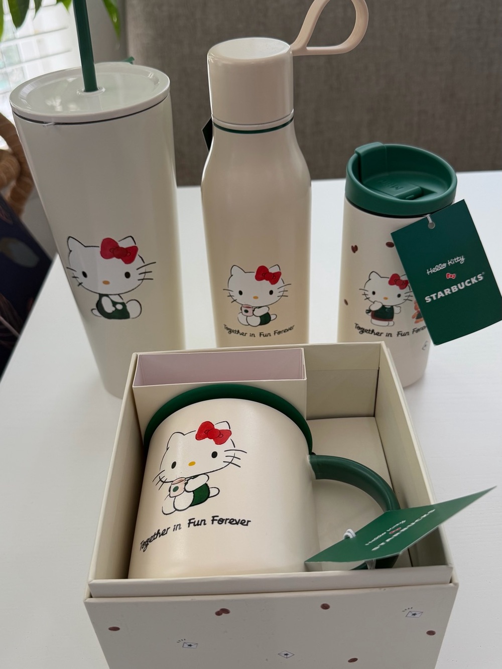 Starbucks Cream and Green Hello Kitty Drinkware Set